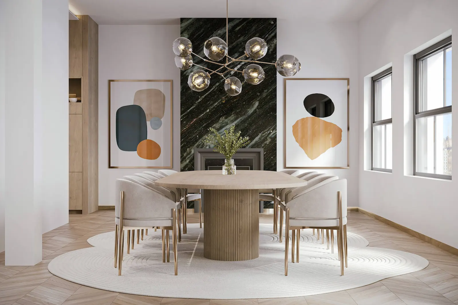 Modern luxury dining room 3D render with marble feature wall, sculptural chandelier, and round dining table with designer chairs