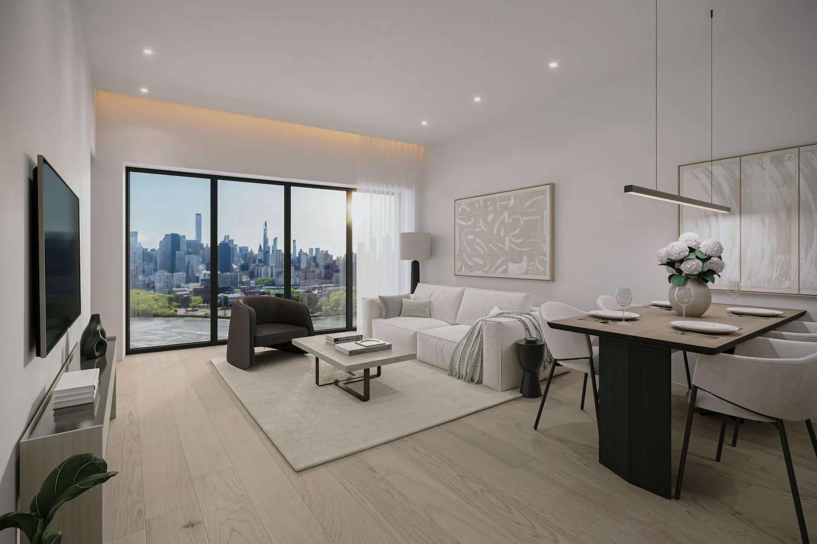 Luxury home office and living room combo 3D render with desk, sofa, and panoramic city view through large windows