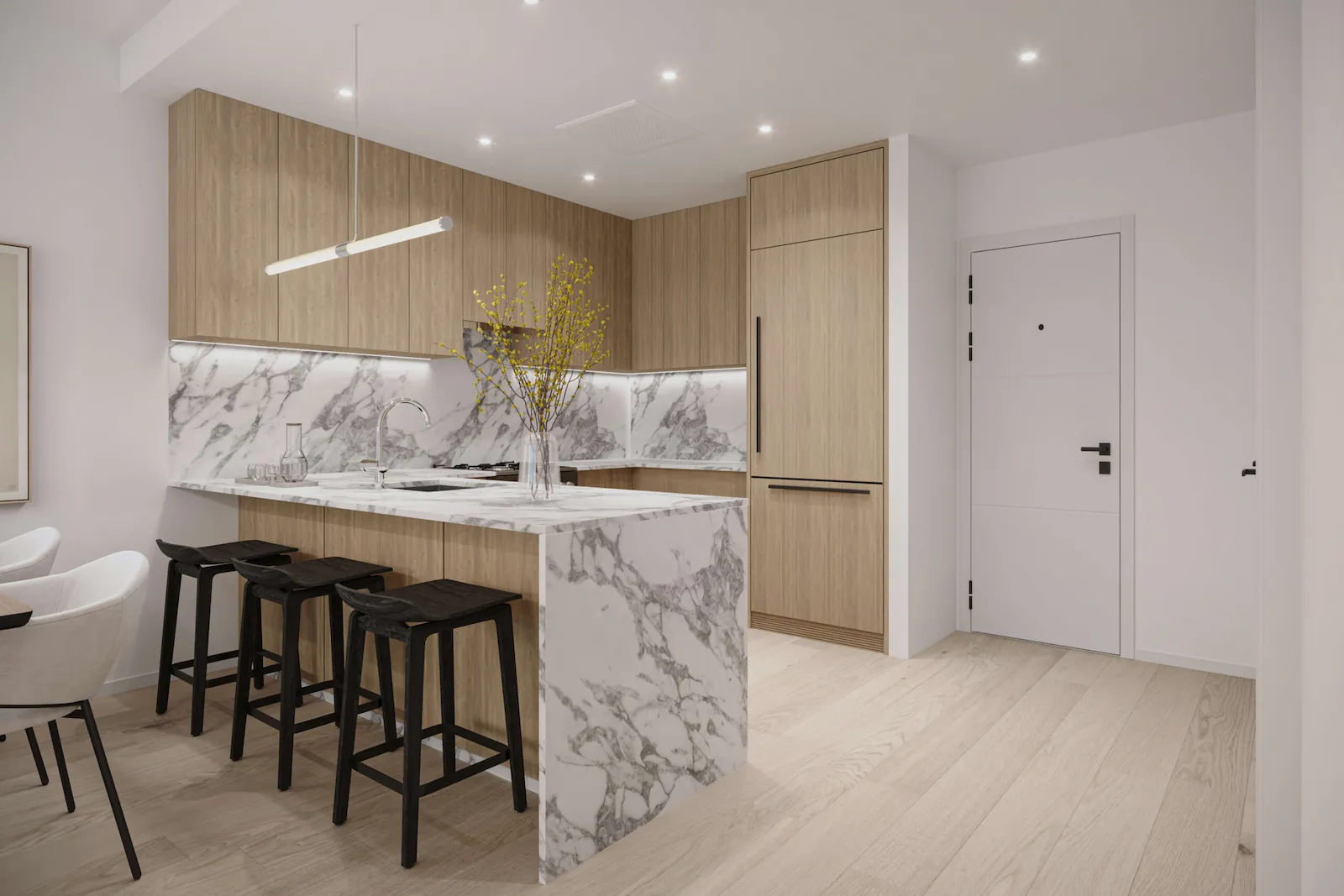 Luxury kitchen 3D render with marble waterfall island, dark bar stools, wood cabinets, and statement pendant lighting