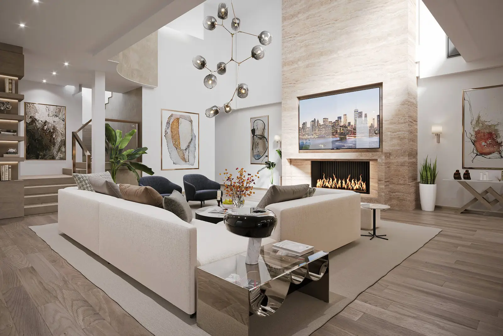 Contemporary living room 3D render with fireplace, TV wall, modern sectional sofa, and exposed brick accent wall
