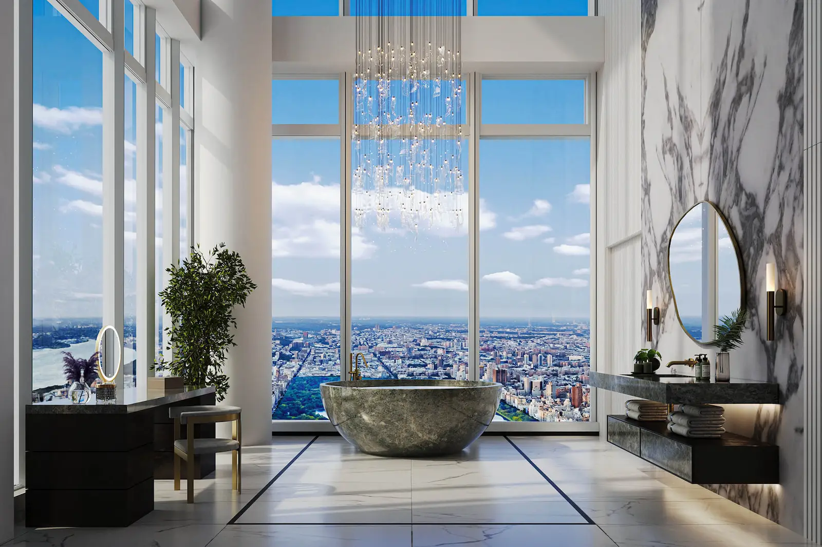 Luxury bathroom 3D render with freestanding sculptural tub, crystal chandelier, and panoramic city view through floor-to-ceiling windows