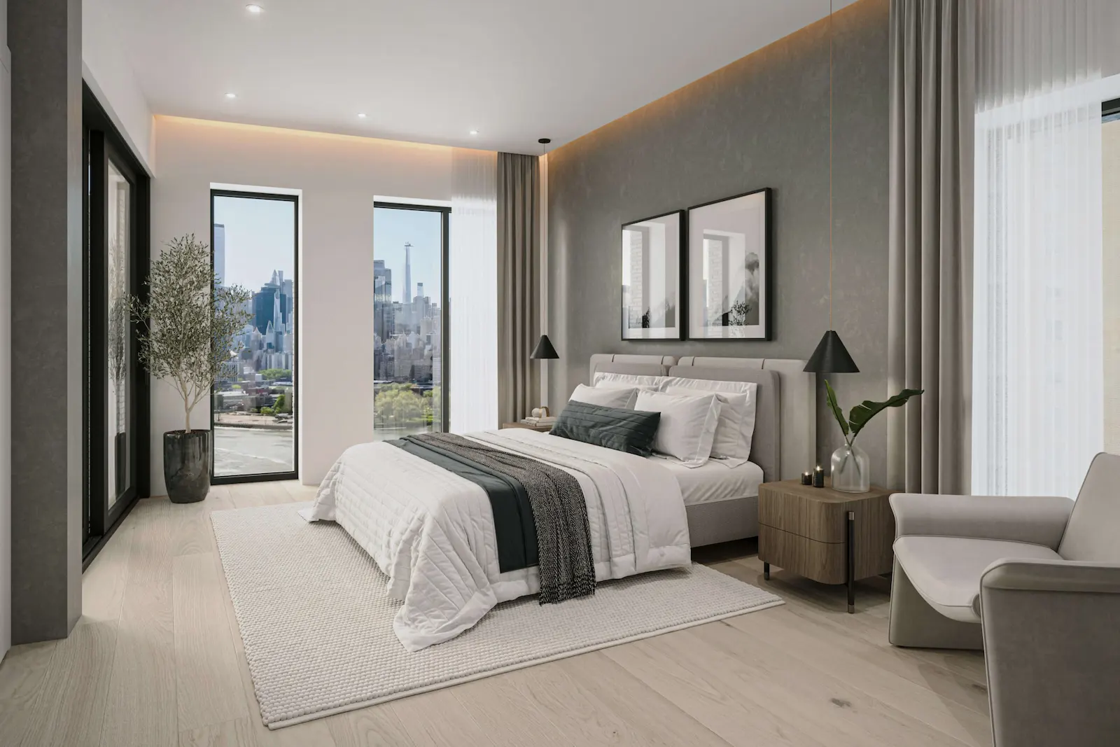 Master bedroom 3D render with private balcony access, city skyline view, modern bed, and designer nightstands