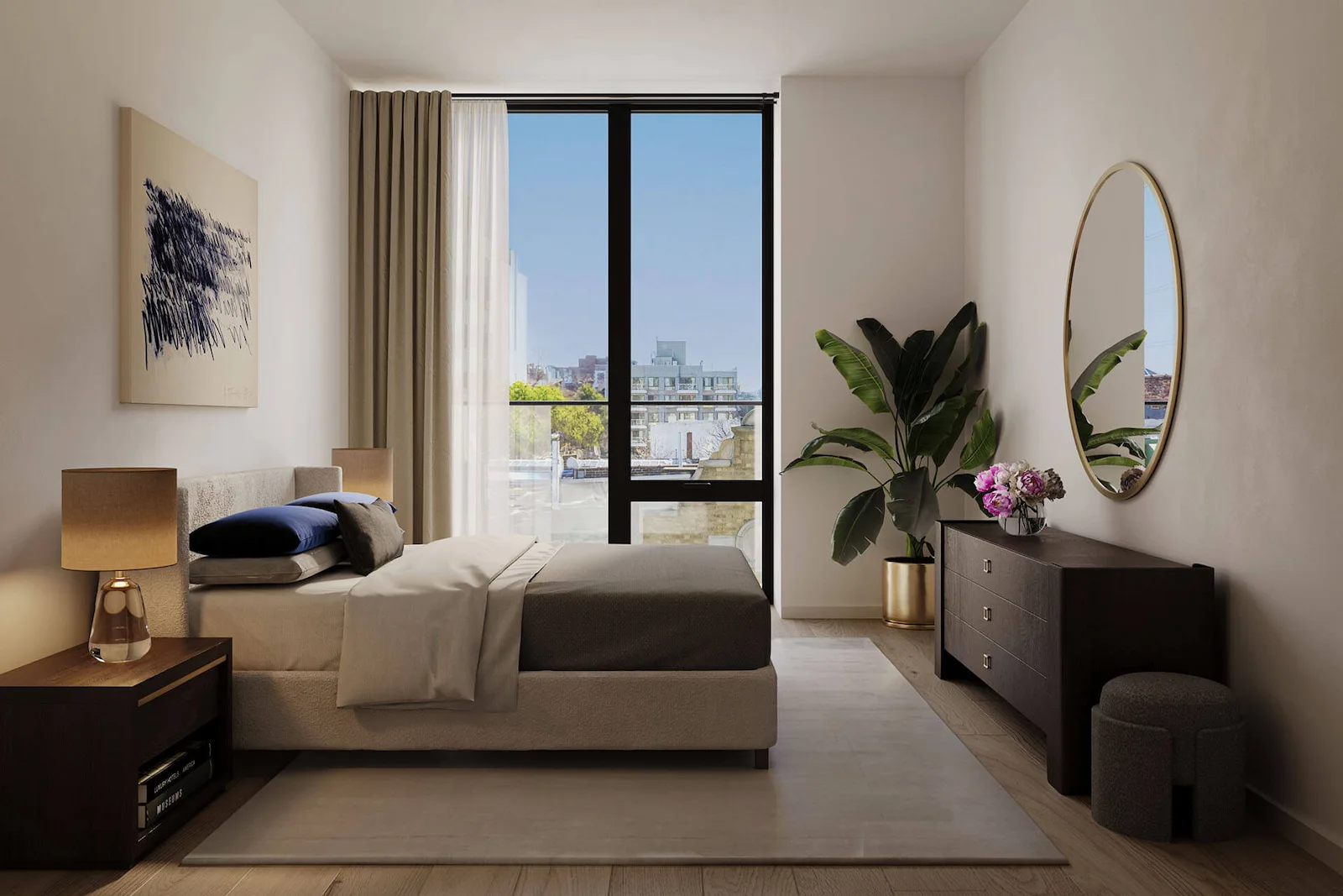Modern master bedroom 3D render with king bed, floor-to-ceiling window with city view, and contemporary furniture