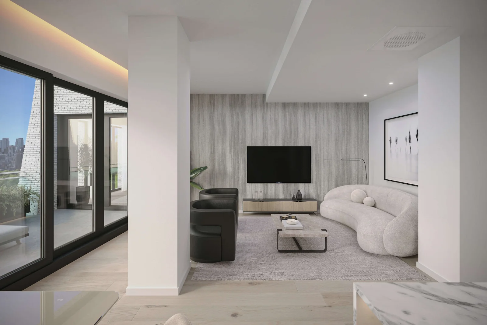 Minimalist living room 3D render with white sectional sofa, TV wall, and sliding glass door to private balcony