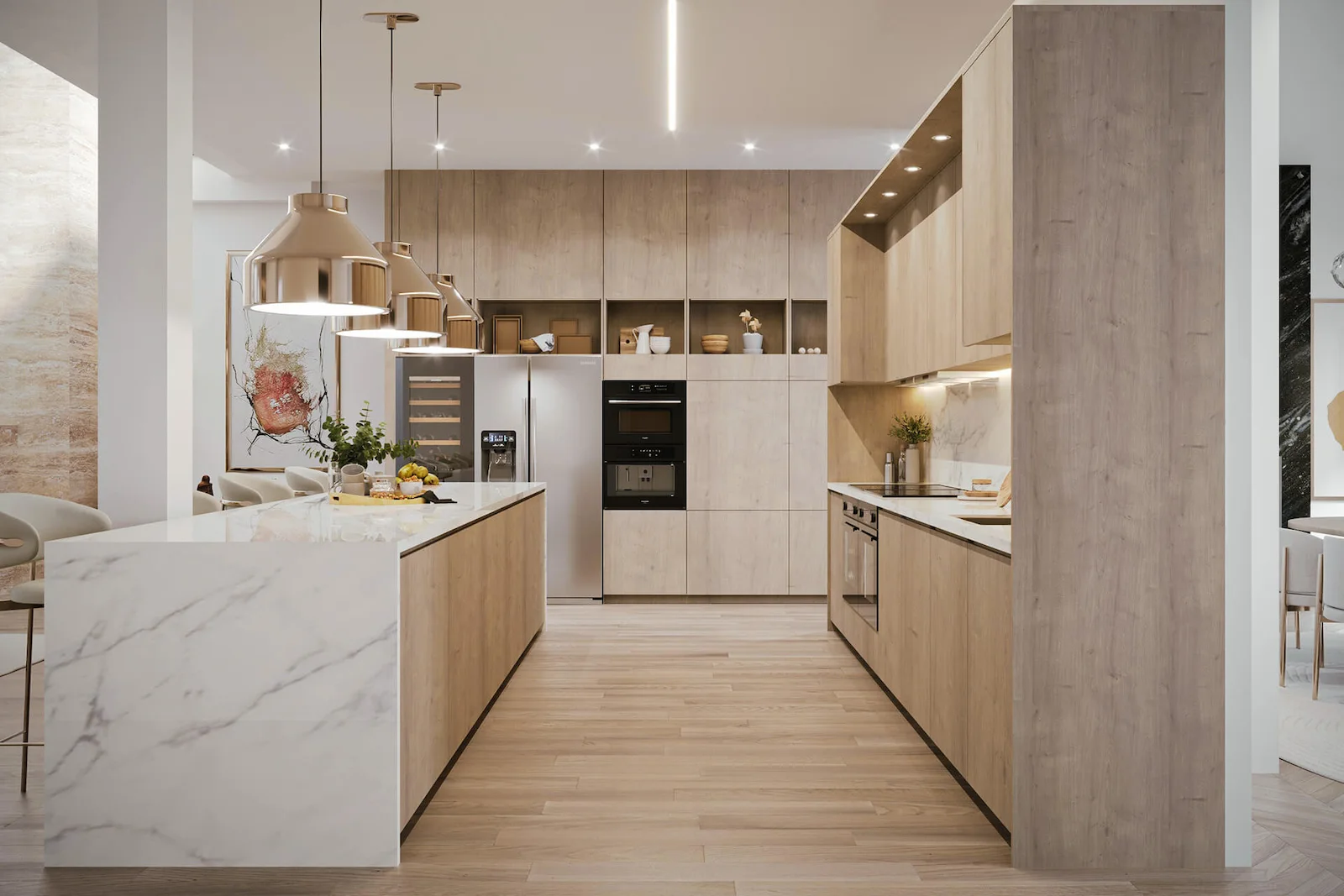 Modern luxury kitchen 3D render with central island, brass pendant lights, light wood cabinetry, and integrated appliances