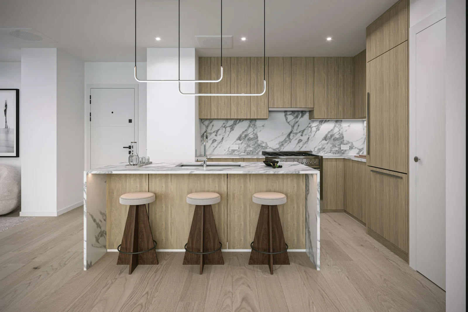 Luxury penthouse kitchen 3D render with marble backsplash, waterfall island, brass stools, and designer pendant lights