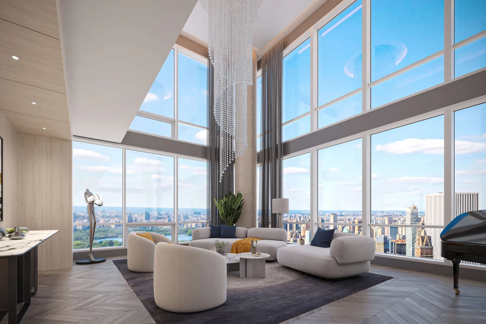 Photorealistic 3D render of luxury penthouse corner living room with curved sofa and panoramic floor-to-ceiling windows overlooking New York City